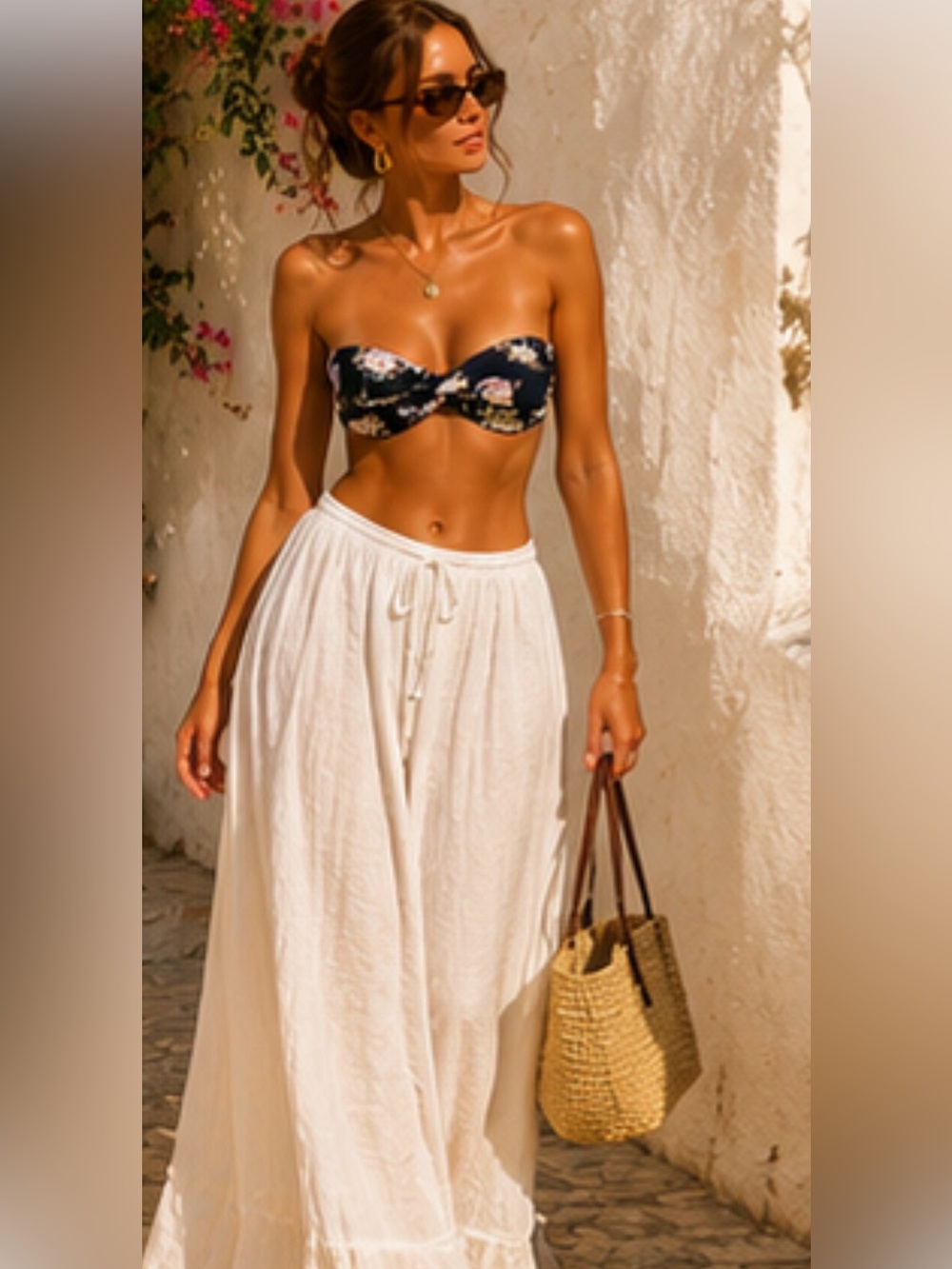 Caroline Constas Evie Bikini Top NWT Navy Retro Floral Bandeau Swim Size S